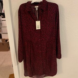 Maroon Leopard Long Sleeve Dress with Tie